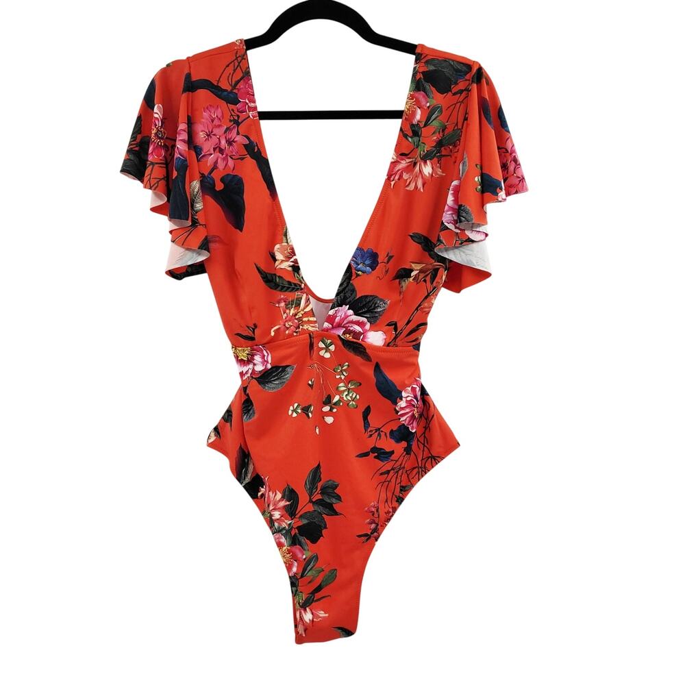 Fashion Nova Women's Size 1X Villa Drinks Ruffle Floral Print Orange Swimsuit